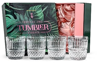 GLASSIQUE CADEAU Vintage Kristall Ananas Gin, Rum, Wodka, Tequila Tropiche Cocktailgläser | 4er Set | 280 ml Kristall Schwere Tumbler Gläser mit Rillen für Klassiche Lowball Cocktails