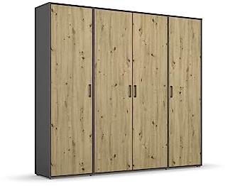 Rauch Möbel Voyager, Kleiderschrank für Schlafzimmer, Kinderzimmer, Babyzimmer, Jugendzimmer, Flur, 4-türig, mit Zubehör Basic, Farbe Eiche Artisan, Holz/Grau metallic, Schwarz, Breite 187cm