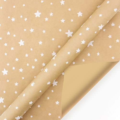 Geschenkpapier Rolle Packpapier 44cmx15m Recyceltes Weihnachtsgeschenkpapier Weihnachtspapier Kraftpapier Weihnachts Papier Kraftpapierrolle für Geschenke Kunst Handwerk Weihnachten (Stern)