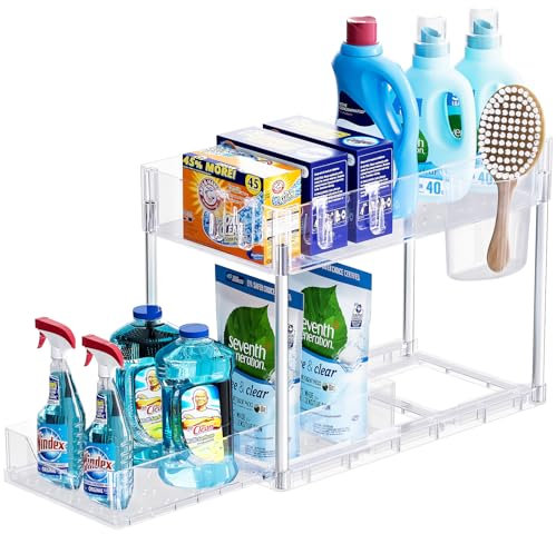Puricon Under Sink Organiser, 2 Tier Shelf with Slide Out Drawer, Multi-Purpose Bathroom & Kitchen Storage Rack - Clear