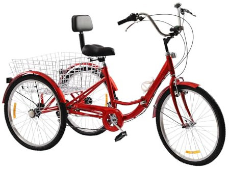 Jolre 24 Dreirad für Erwachsene, Trike, 3-Rad-Fahrrad, 7-Gang mit LED-Licht Gemüsekorb und Becherhalter, faltbares Dreirad, Klapprad, Faltrad, Freizeit-Einkaufsmobilität, Citybike. (Rot)