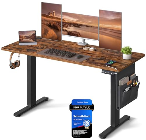 SONGMICS Höhenverstellbarer Schreibtisch elektrisch, 140 x 60 cm, stufenlos verstellbar, Memory-Funktion mit 4 Höhen, vintagebraun LSD134K01