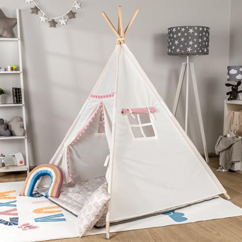 Paco Home Tente pour Enfants Tipi Chambre d'enfant Chambre De Jeu Intérieur Robuste Wigwam Différents Motifs, Couleur:Blanc 1, Sets:avec Accessoires