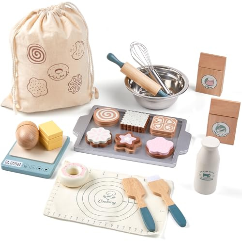 Holz Spielnahrung Sets für Kinder Kleinkinder Spielzeug Essen Pretend Play Küchenzubehör mit Einkaufstasche Schneiden Lebensmittel Spielzeug Geschenk für Jungen und Mädchen 3 4 5 6