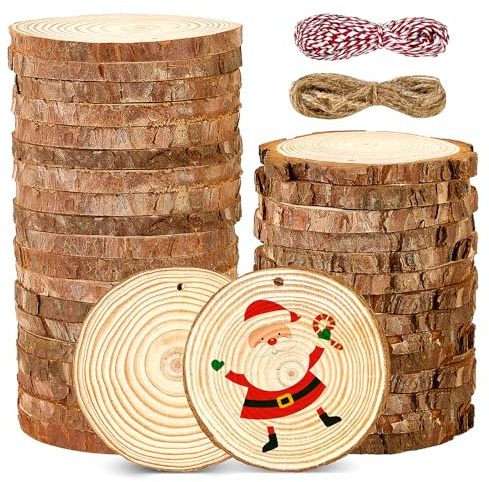 Hafuvool Wood Slices for Crafts 35Pcs 9-10cm Log Slices Unfinished Predrilled Wooden Discs with Twine, Wood kit Wooden Circles Slices for DIY Christmas Crafts Decorations Ornaments