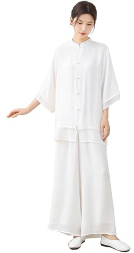 DAYKET Abbigliamento Tai Chi Donna Seta e Lino Kung Fu Uniforme Stile Cinese Meditazione Zen Casual Maniche a Tre Quarti Esercizi Mattutini Vestito per Le Donne,White-XXL