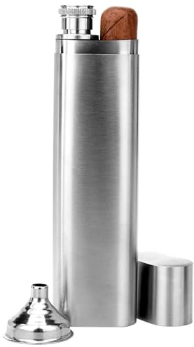 Linkidea 2 Oz Hip Flask Cigar Holder with Funnel, Single Tube Stainless Steel Cigar Tube, Alcohol Container Carrying Storage Case for Travel (Silver)