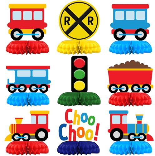 Paquete de 9 decoraciones de mesa de tren, decoraciones de fiesta de tren para cumpleaños de niños y baby shower, adornos de mesa de tren