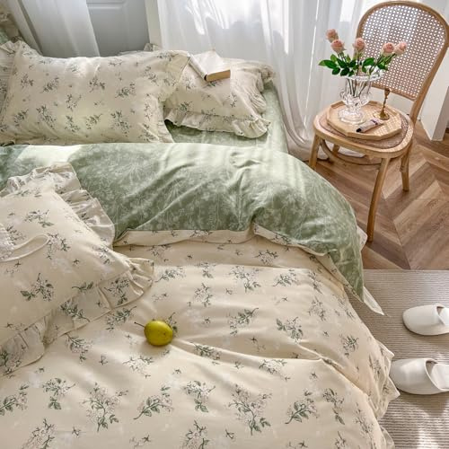 MKXI Botanical Floral Duvet Cover Twin Beige Girls Floral Ruffled Bedding Set Cottagecore Flower Comforter Cover Green Reversible Aesthetic Bed Set Cotton Elegant Style Students Duvet Cover