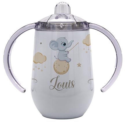 Marquage Unique Tasse d'Apprentissage Bébé Personnalisable avec Anses, Motif Éléphant et Lune, Gobelet à Bec pour Enfant - Gourde Isotherme