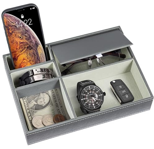 LN COZY CORNER PU Leather Valet Tray Organizer 5-Compartment Nightstand & Desk Catchall for Men/Women Storage Box for Phone, Wallet, Keys, Jewelry, Watch, Sunglasses 26 x 18.7 x 5.3 cm (Grey)