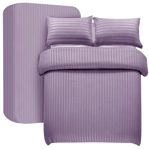 My home store Set di biancheria da letto matrimoniale, 4 pezzi, copripiumino a righe satinate, lenzuolo con angoli profondi 30 cm e 2 federe, in morbida microfibra spazzolata (lavanda)