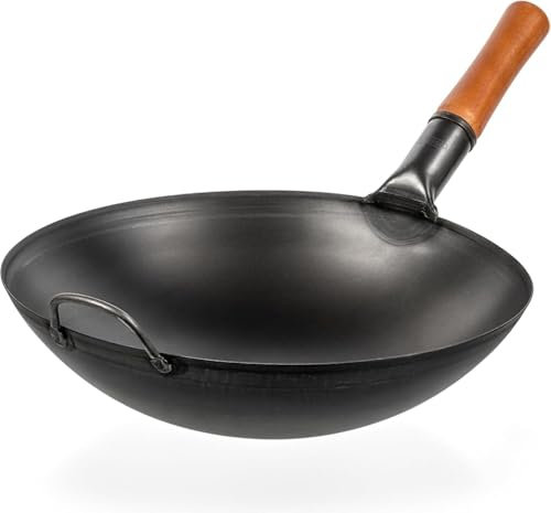 Jobin 32 cm/12,6'' Wok Antiaderente in Acciaio al Carbonio con Coperchio, Manici in Legno e Acciaio Può Cucinare Piatti Asiatici per 3-5 Persone - Fondo Piatto