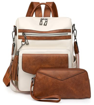 SONARIN PU Bolso Mochila Mujer,Impermeable Moda Mochila Damas con Monedero Mochilas Casual Bolso de Mano,Bolsa de Hombro Convertible para Viaje Escolar Trabajo(Blanco + Marrón)