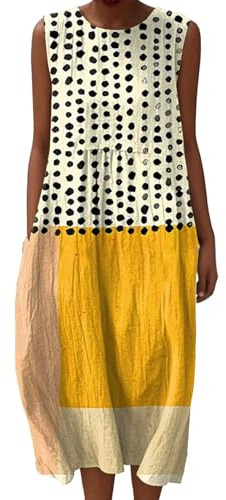 Linen Dresses Cheesecloth Dress for Women Summer Casual V Neck Italian Midi Short Sleeveless A-line Sundress Tunic Breathable Floral With Pockets Beach Lightweight Shift Plus Size Ladies UK Italy