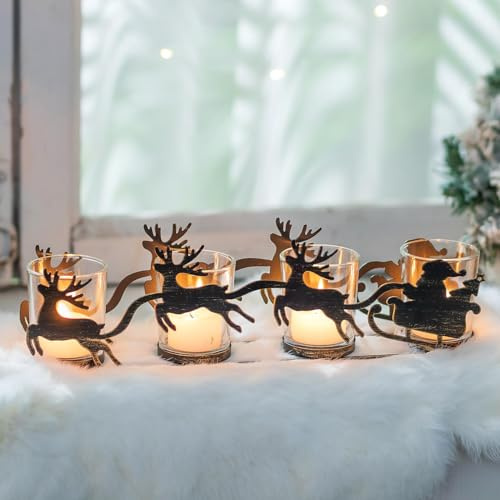 NUPTIO Adventsgesteck Adventskranz Teelichter Weihnachtskranz: Tisch Adventsgestecke Länglich Adventsdeko Modern mit Glas Adventkranz Schwarz Metall Advent Weihnachten Rentier Weihnachtsdeko