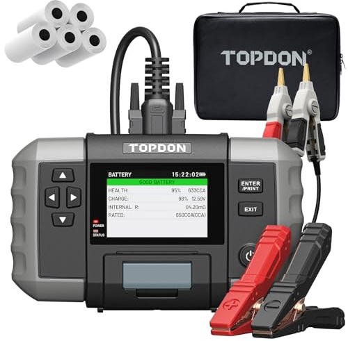 TOPDON Tester batteria auto BT600 Plus, 6 V/12 V/24 V, test batteria 100-2000 CCA, 12 V/24 V, test di avvio/carica e test di sistema, tester batteria per auto con batteria integrata e stampante, 2