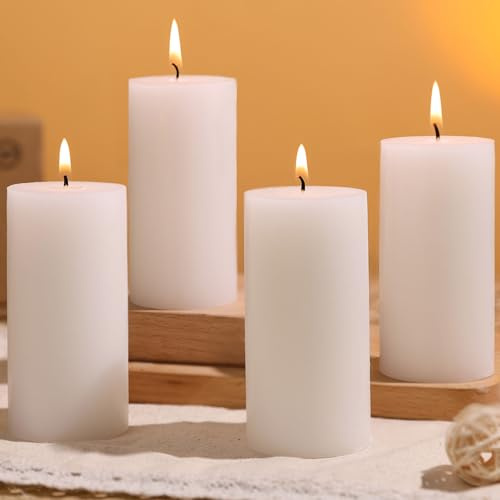 Lot de 4 Bougies Piliers Blanches non Parfumées - 5 x 10 cm - Longue Durée 30h - Paraffine de Haute Qualité avec Mèche en Coton - Décoration pour Mariage, Église, Maison et Fêtes