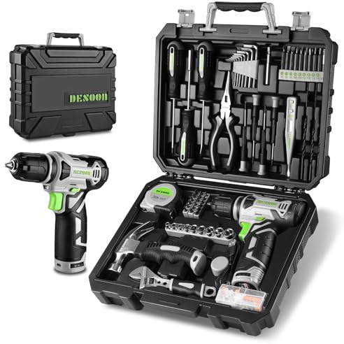 DESOON Scatola di attrezzi elettrici completa, 151 pezzi con trapano elettrico senza corda, 12 V, scatola professionale di strumenti domestici fai da te per uffici e giardino