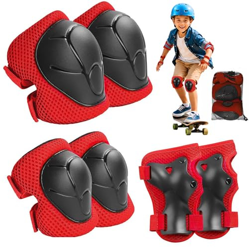 Lafefe 6PCS Black Kids Protective Gear Set Knee Elbow Wrist Pads, Lightweight Breathable Mesh & Hard Shell, Adjustable Straps Safety Pads S Size for Roller Skating Cycling Skateboard