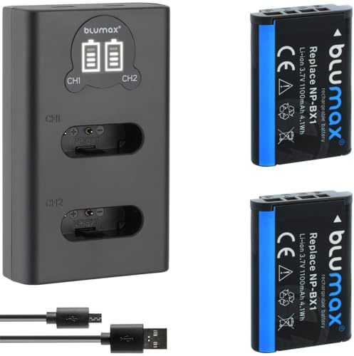 2X Blumax Akku kompatibel mit Sony NP-BX1 [ 1100mAh ] + Slim Dual Charger Sony ZV-1 II ZV-1 / Cyber-Shot DSC RX100 II III IV V VI VII - CX647 - WX500