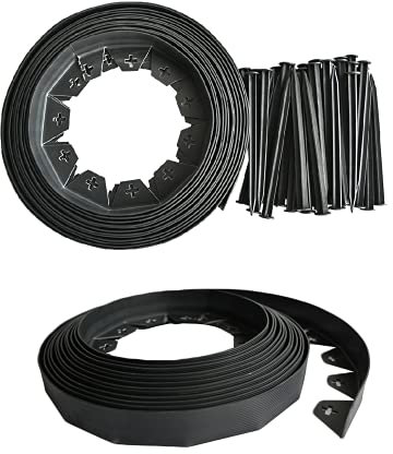 KCT Black 10 Metre Flexible Plastic Lawn Edging Garden Grass Border with 40 Ground Securing Pegs - 3.7cm High Pathway Edge
