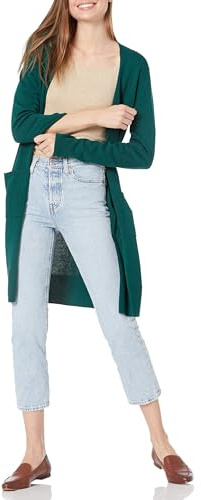 Amazon Essentials Women's Lightweight Longer Length Open-Front Long-Sleeve Cardigan Sweater, Dark Green, X-Large