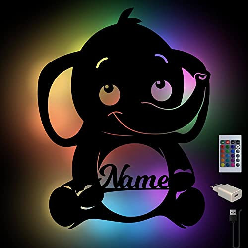 Personalisiertes Baby Elefanten Farbwechsel Wand-Licht Nachtlicht Geschenke mit Namen Schlummerlicht Holz Wand-Lampe I USB + Fernbedienung