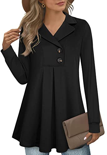 Gaharu Long Sweatshirts for Leggings Fall Tunics Long Sleeve Ladies Tops Stylish Legging Shirts Button Down Pullover Blouses for Work Black,X-Large