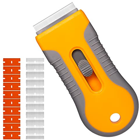KINBOM Kit de Grattoir à Rasoir, 1 Grattoir à Rasoir Rétractable avec 10 Lames en Plastique et 10 Lames en Acier Inoxydable pour Enlever les Vitres le Verre les Films et la Colle Peinture