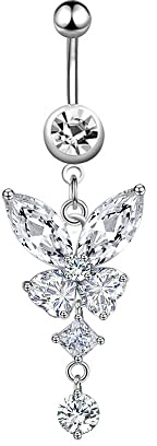 Pingyongchang Dangle Belly Button Rings 316L Surgical Steel Belly Rings,14G Butterfly Belly Button Ring Dangling CZ Belly Screw Navel Barbell Piercing Jewelry for Women-butterfly 3
