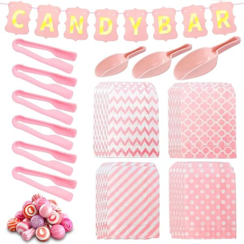 50 Pezzi Accessori Candy Bar,Set Di Pinze Per Caramelle Include 40 Sacchetti Di Caramelle, 6 Pinze, 3 Pale Di Caramelle E 1 Banner Di Candy Bar Per Caramelle Bar, Buffet, Barbecue, Matrimoni