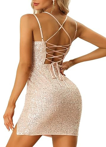 Allegra K Damen Glitzer Kleid Enges Schnürkleid Spaghettiträger Cocktailparty Mini Pailletten Kleid Roségold S