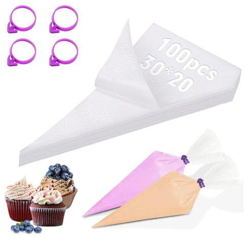 Ziamzra 100 Pezzi Sac a Poche 30X20cm Usa e Ggetta Medio Sac a Poche Trasparente Sac a Poche Professionali con 4 Clip Sacchetti Tubatura Silicone per Decorare Cupcakes Torte