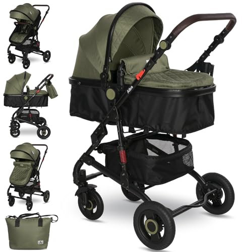Lorelli Kinderwagen Alba 2 in 1 mit Federung, Umwandelbar in Sportsitz, Baby Kombikinderwagen bis 15kg, Zusammenklappbar, Große Gummireifen, Großer Einkaufskorb, Organizer Tasche, Grün