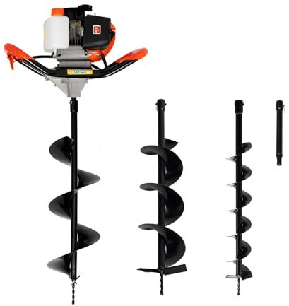 BJTDLLX 52 CC bensin jordborr 2-takts jordhålsborr markborr 2,3 hk trädgårdsborr jordborr med 3 reservborrar 10 cm, 15 cm (10 tum), 20 cm och 30 cm förlängningsstång, bensin stolpborr jordborr