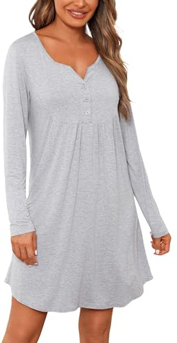 Jahetuul Camisón Premamá Mujer con Botón Cuello en V Algodón Camison Embarazada de Manga Larga Camison Lactancia de Maternidad Ropa Embarazada Mujer