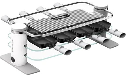 LAGRANGE Appareil à raclette 8 personnes, 1000 W, Plateaux verre, plateau supérieur démontable pour nettoyage simplifié, Repose poêlons intégré, Design épuré, Bouton marche/arrêt, 079801