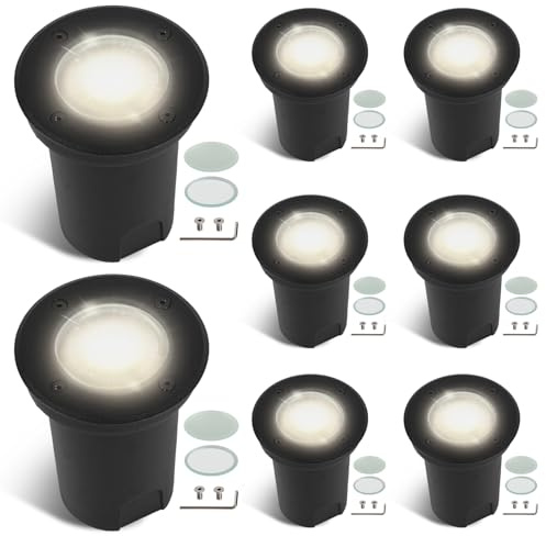 Fiqops 8pcs Spot encastrable étanche IP67 Noir ronde avec LED GU10 3W blanc neutre interchangeable,Projecteur de sol orientable ave lentille de réserve,Luminaire de sol pour chemin/jardin 230V