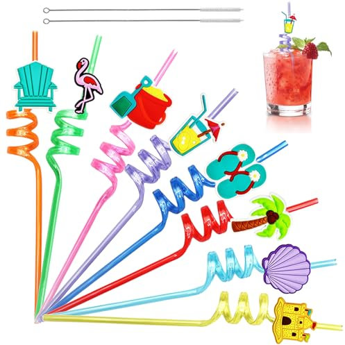 8 Pièce Paille Reutilisable Enfant Colorées avec 2 Brosses à Paille, Spirale Paille Plastique Pailles pour Vacances D'été à Plage Fêtes Anniversaire Enfants Thème