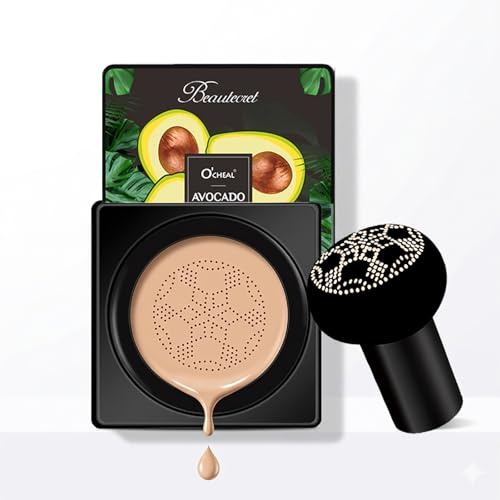 Mushroom Head Air Cushion CC Crème Avocat - Fond de Teint Tête de Champignon Coussin, BB Cream Léger Naturel, Hydratant Anti-Cernes Léger, Teint Unifié Maquillage Quotidien Longue Tenue(02-Natural)