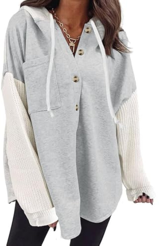 Cuptacc Veste Femme Chic et Elegant Sweat à Capuche avec Boutonné Manches Longues Oversize Sweatshirt Gris, XL 46-48