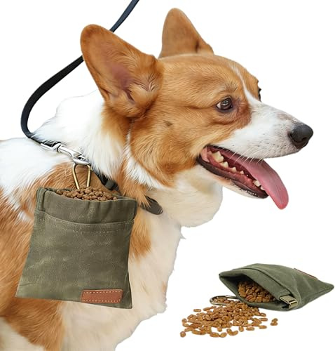 BAIWANLHC Small Dog Treat Pouch Bag, Hand-Free Puppy Treat Bag with Closure, Waterproof Dog Pouches for Pet Training with Carabiner for Dogs Walking, Daily Use, Outdoor (Green)