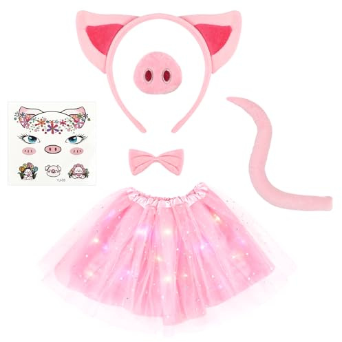 AOOWU Kostymset för barn, upplyst djurkostym, tyllkjol med öron, pannband, svans, fluga, näsa, djur, maskeraddräkt för halloween, temafest, cosplay