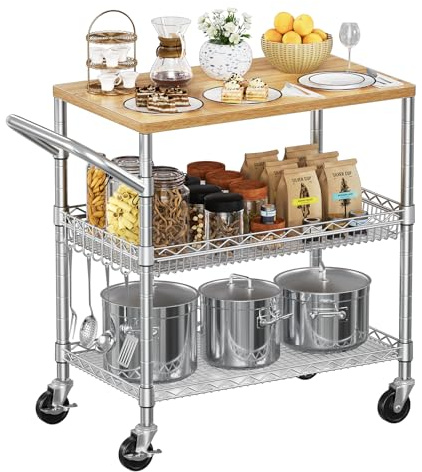 NTE Rolling Kitchen Carts on Wheels, 650Lbs Capacity 3 Tier Utility Cart with Wood Tabletop, Kitchen Storage Cart with 8 Hooks, Metal Serving Cart with Handle and Shelf Liners for Kitchen, Restaurant