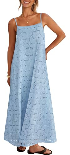 MEROKEETY Women's Summer Spaghetti Straps Sundress 2026 Casual Sleeveless Floral Lace Eyelet Boho Beach Maxi Dress, Blue, Small