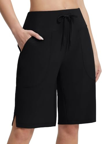 baleaf Women's 11 Bermuda Swim Shorts High Waisted Beach Board Shorts with Pockets Quick Dry Drawstring Swimming Bottoms Black XL