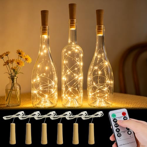 LYPPUL 6 luci per bottiglie con timer, 2 m, 20 LED, ricaricabili tramite USB, con telecomando, per bottiglie fai da te, matrimoni, feste, decorazioni per interni