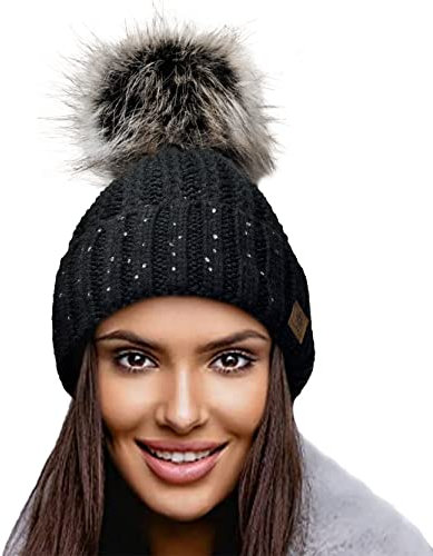 4sold Damen Wurm Winter Style Beanie Strickmütze Mütze mit Fellbommel Bommelmütze Hat Ski Snowboard Pelz Bommel Pompon Kreis Kleine Kristalle Crystals (Schwarz)