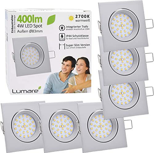 Lumare 6x LED Einbaustrahler 4W 400 Lumen IP44 nur 27mm extra flach Einbautiefe LED Leuchtmodul austauschbar Deckenspot AC 230V 120° Deckenlampe Einbauspot warmweiß silber matt eckig Badezimmer